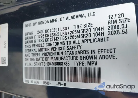 2021 Honda Passport Awd Touring z USA, uszkodzony, nr VIN 5FNYF8H94MB008788